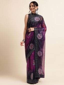 FABMORA - Women Magenta Lycra Floral Printed Saree with Unstitched Blouse