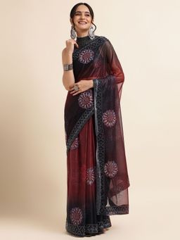 FABMORA - Women Rust Lycra Floral Printed Saree with Unstitched Blouse