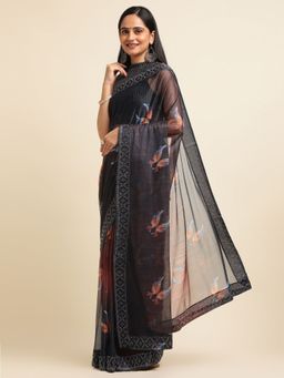 FABMORA - Women Orange Lycra Floral Printed Saree with Unstitched Blouse