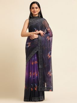 FABMORA - Women Purple Lycra Floral Printed Saree with Unstitched Blouse