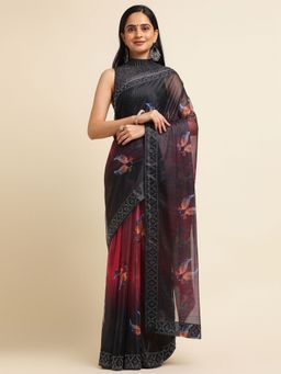 FABMORA - Women Red Lycra Floral Printed Saree with Unstitched Blouse