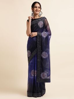 FABMORA - Women Blue Lycra Floral Printed Saree with Unstitched Blouse