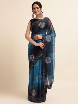 FABMORA - Women Blue Lycra Floral Printed Saree with Unstitched Blouse