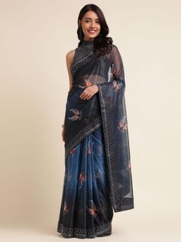 FABMORA - Women Blue Lycra Floral Printed Saree with Unstitched Blouse