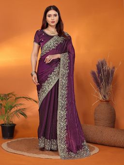 FABMORA - Women Wine Silk Blend Embellished Saree with Unstitched Blouse
