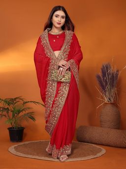 FABMORA - Women Red Silk Blend Embellished Saree with Unstitched Blouse