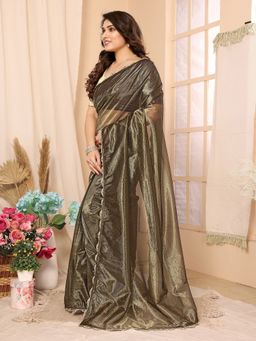 FABMORA - Women Olive Net Embellished Saree with Unstitched Blouse