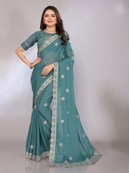 FABMORA - Women Blue Organza Embroidered Saree with Unstitched Blouse