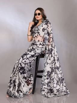 FABMORA - Women White Organza Abstract Printed Saree with Unstitched Blouse