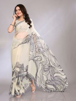 FABMORA - Women White Organza Abstract Printed Saree with Unstitched Blouse