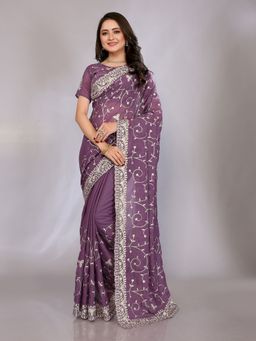 FABMORA - Women Purple Organza Embroidered Saree with Unstitched Blouse