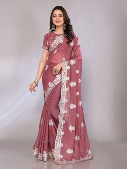 FABMORA - Women Pink Organza Embroidered Saree with Unstitched Blouse