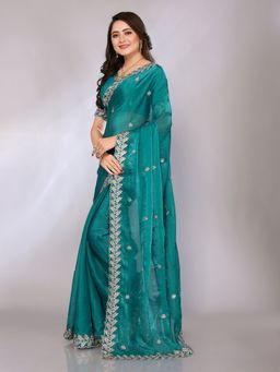 FABMORA - Women Blue Silk Blend Embroidered Saree with Unstitched Blouse
