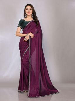 FABMORA - Women Wine Silk Blend Solid Saree with Unstitched Blouse