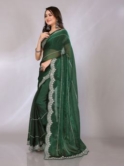 FABMORA - Women Green Silk Blend Embroidered Saree with Unstitched Blouse