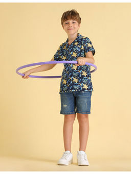 U.S. POLO ASSN. - Kids Boys Floral Printed Seersucker Shirt Navy Blue