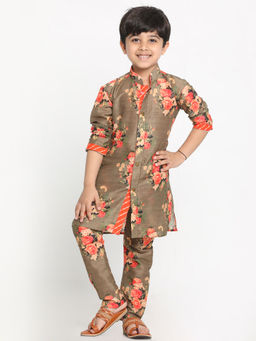 Vastramay - Boys Multicolor-Base-Brown Cotton Blend Kurta Pyjama (Set of 2)