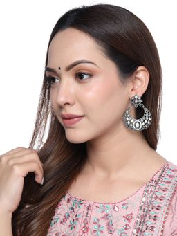 Yellow Chimes - Floral Designed Silver Toned Mirror Studded Chanbali Earrings