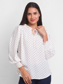 Globus - Women White Polka Dots Tie-Up Neck Crepe Shirt Style Top