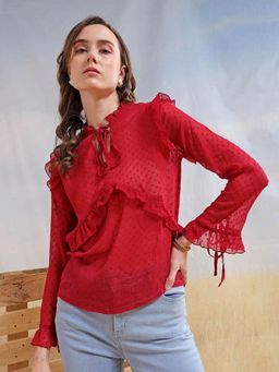 Freehand - Women Red Loose Fit Textured Ruffled Top