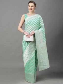 Akhilam - Womens Cotton Silk Sea Green Woven Design Saree with Unstitched Blouse