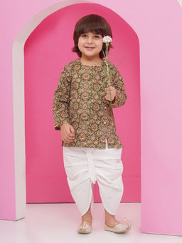 AJ Dezines - Green Pure Cotton Full Sleeves Abstract Print Dhoti Set For Boys