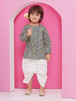 AJ Dezines - Turquoise Pure Cotton Full Sleeves Abstract Print Dhoti Set For Boys