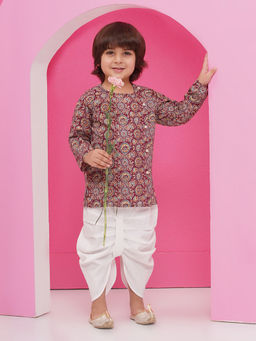 AJ Dezines - Wine Pure Cotton Full Sleeves Abstract Print Dhoti Set For Boys
