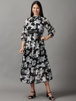 SHOWOFF - Womens High Neck Midi Black Printed Dress
