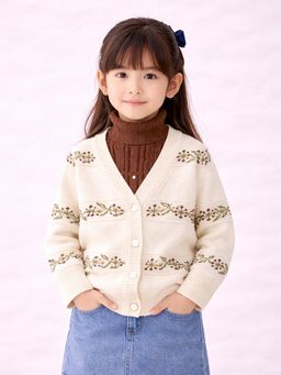 Little Surprise Box - Cream and Brown Leaf Pattern High-Neck Sweater