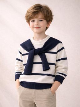 Little Surprise Box - White & Navy Blue Stripes Sweater with Muffler