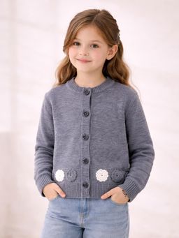 Little Surprise Box - Grey Flower Button- Down Winter Sweater