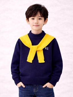 Little Surprise Box - Navy Blue and Yellow Cat Design Sweater with Muffler