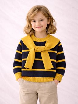 Little Surprise Box - Navy Blue & Yellow Stripes Sweater with Muffler