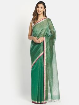 Fabindia - Green Cotton Silk Maheshwari Woven Saree without Blouse