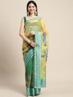 Sareemall - Womens Organza Green Digital Print Designer Saree with Unstitched Blouse