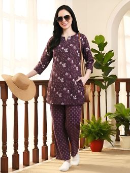 Indreams - Women's Pure Cotton Woven Nightsuit Set Purple