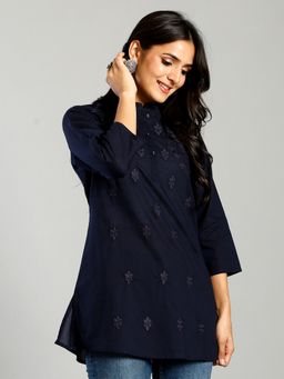 Yufta - Navy Blue Regular Design Embroidered Top