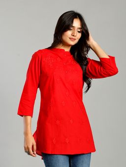 Yufta - Red Regular Design Embroidered Top