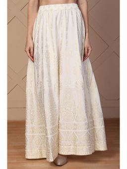 Aurelia - Women Off White Ethnic Gold Print Flared American Crepe Skirt