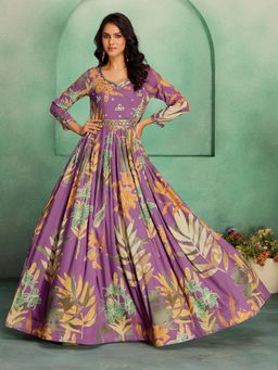 MADHURAM - Women Purple Viscose Rayon Floral Printed Ethnic Gown