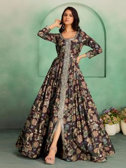 MADHURAM - Women Brown Viscose Rayon Floral Printed Ethnic Gown