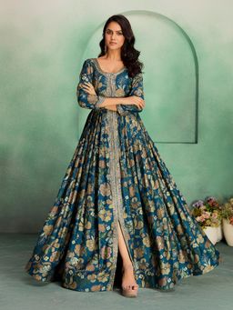 MADHURAM - Women Blue Viscose Rayon Floral Printed Ethnic Gown