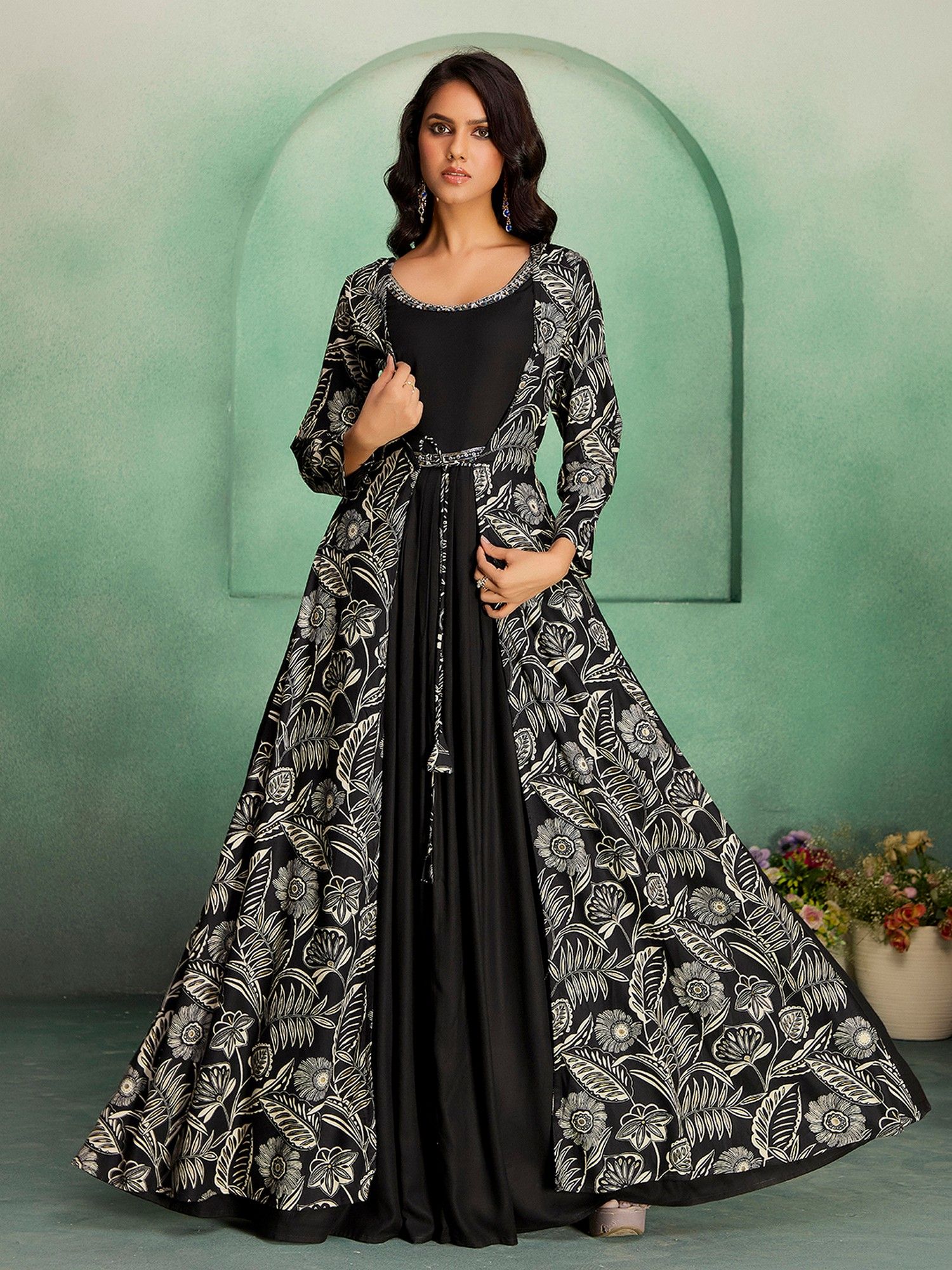 Women Black Viscose Rayon Floral Printed Ethnic Gown-image-10