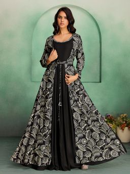 MADHURAM - Women Black Viscose Rayon Floral Printed Ethnic Gown