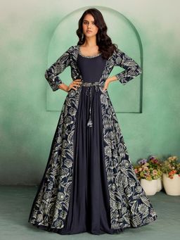 MADHURAM - Women Blue Viscose Rayon Floral Printed Ethnic Gown