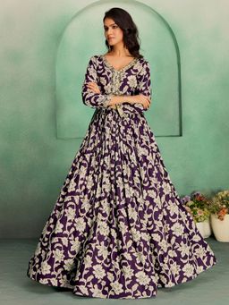 MADHURAM - Women Purple Viscose Rayon Floral Printed Ethnic Gown