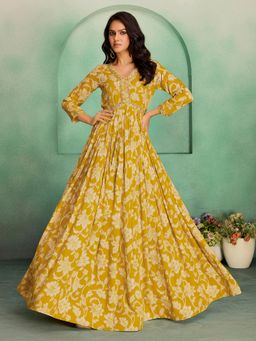 MADHURAM - Women Mustard Viscose Rayon Floral Printed Ethnic Gown