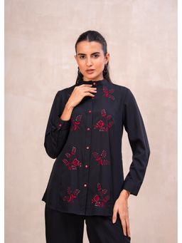 Zolo Label - Classic Black Mandarin-Neck Embroidered Shirt