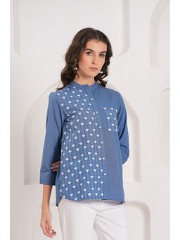Zolo Label - Blue Half-Embroidered Casual Cotton Shirt